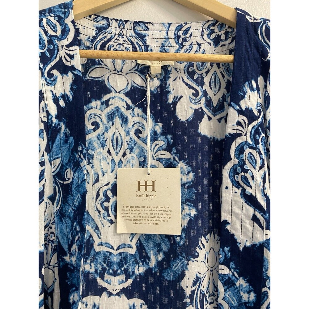 NWT Haute Hippie L Blue White Print Blouse Lightweight Topper Cardigan Top - Picture 4 of 12